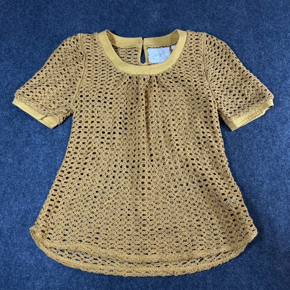 Angel of the North Anthropologie Mustard Yellow Crochet Knit Short Sleeve Top M